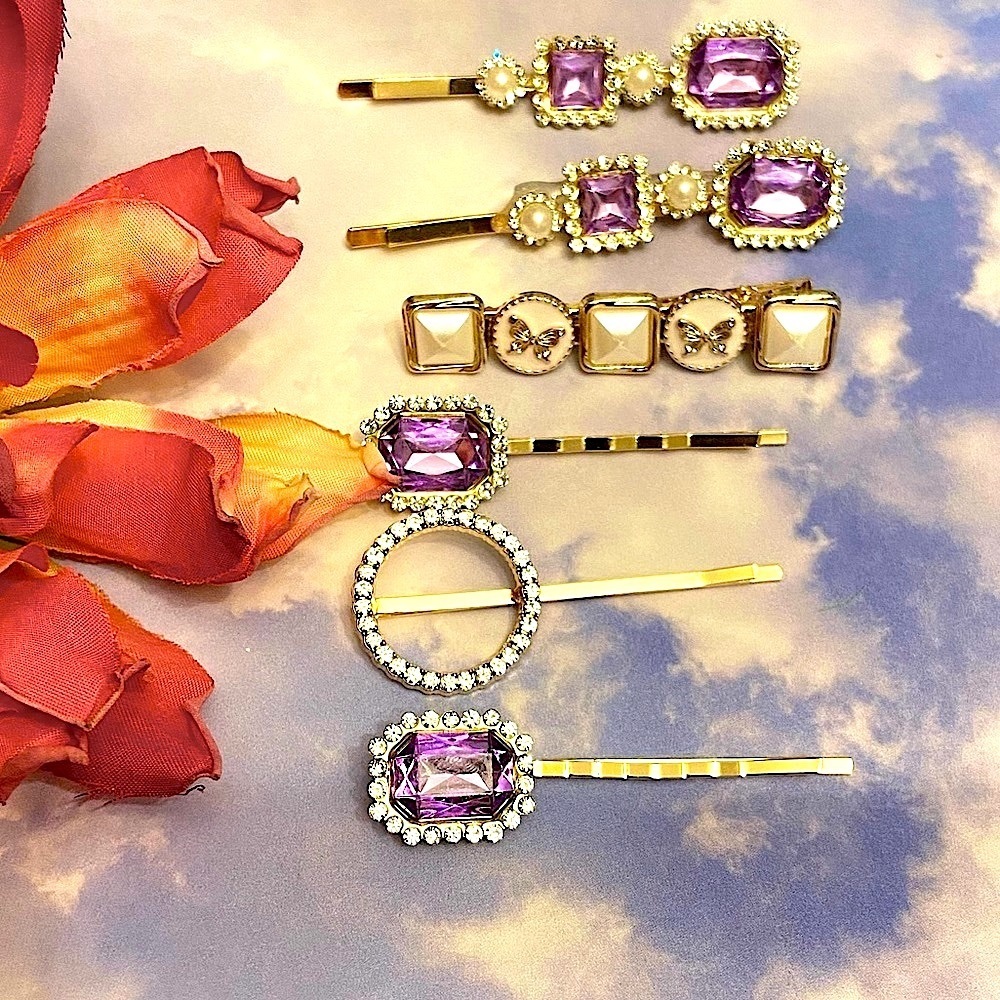 Ladies 6 Piece Festive Hair Pins Slip On in  Purple, Pearls & Gold.
